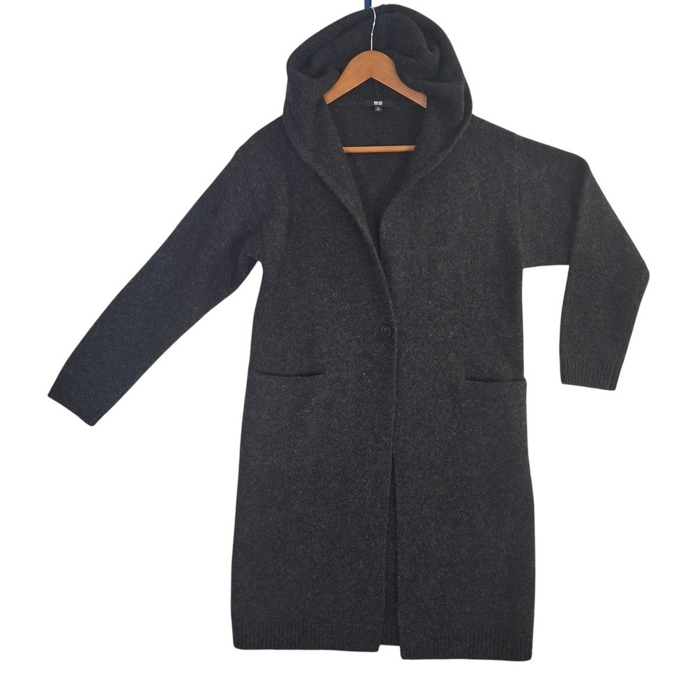 Uniqlo Womens Melange Wool Hooded Knitted Coat XS Gray Longline Cardigan Sweater